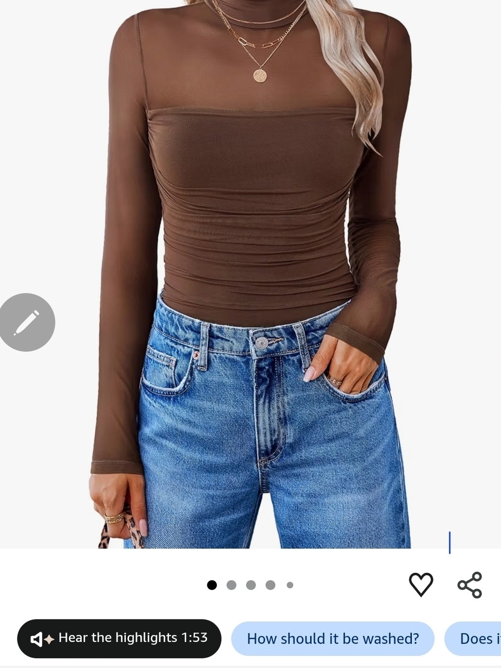 Sheer Mesh Long Sleeve Top in Brown - Women's Fashion XL
